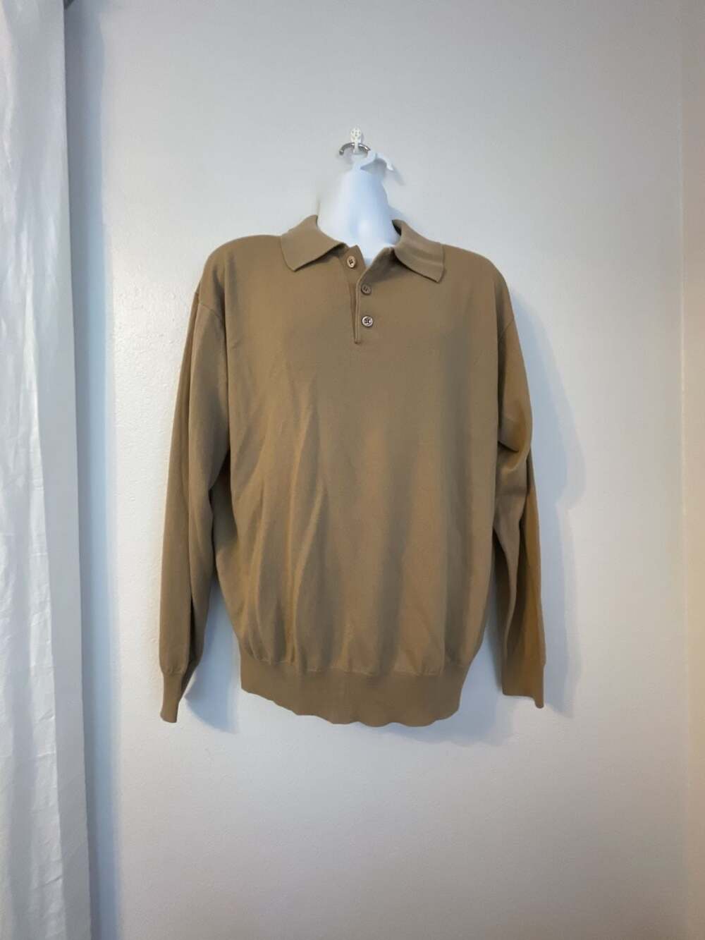 Tuscany Merino Wool Polo Sweater Size L Beige Long Sleeve Knit Shirt